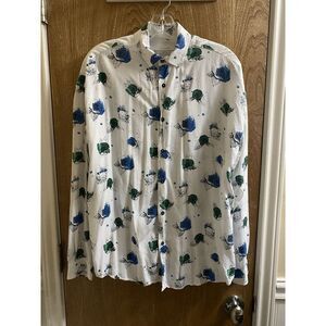 Zara Man White Lightweight Skull Roses Button Up Long Sleeve Relaxed Fit Soft